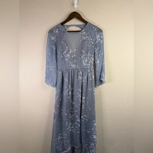Boho, Cottagecore Dusty Blue sheer whimsical  Floral Long Sleeve Midi Dress